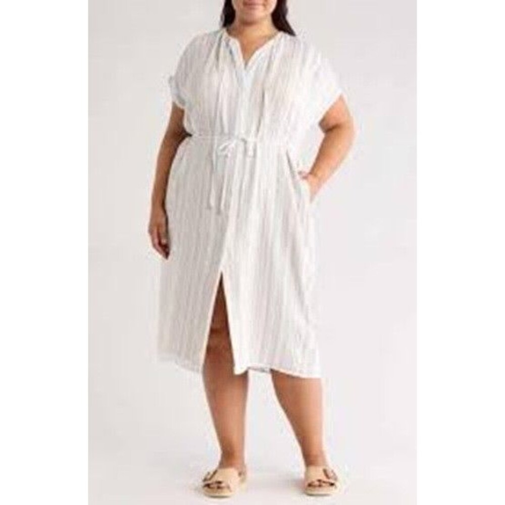 Vince Women's  Stripe Shirred Midi Lightweight Shirtdress Dress- SZ 2X-NWT